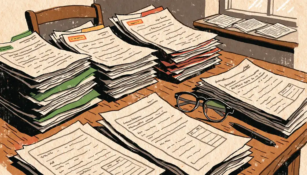 Separate stacks of categorised licence folders on a government office desk.